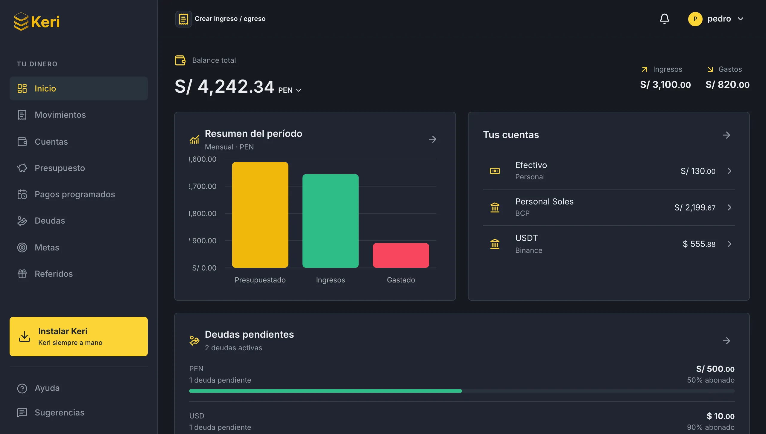 Captura del panel de OpenKeri con balance, resumen de gastos, cuentas y deudas.